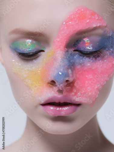 Picture of a girl with makeup made of tiny crystals.Minimal creative make up and body art concept.Top view copy space.Generative Ai