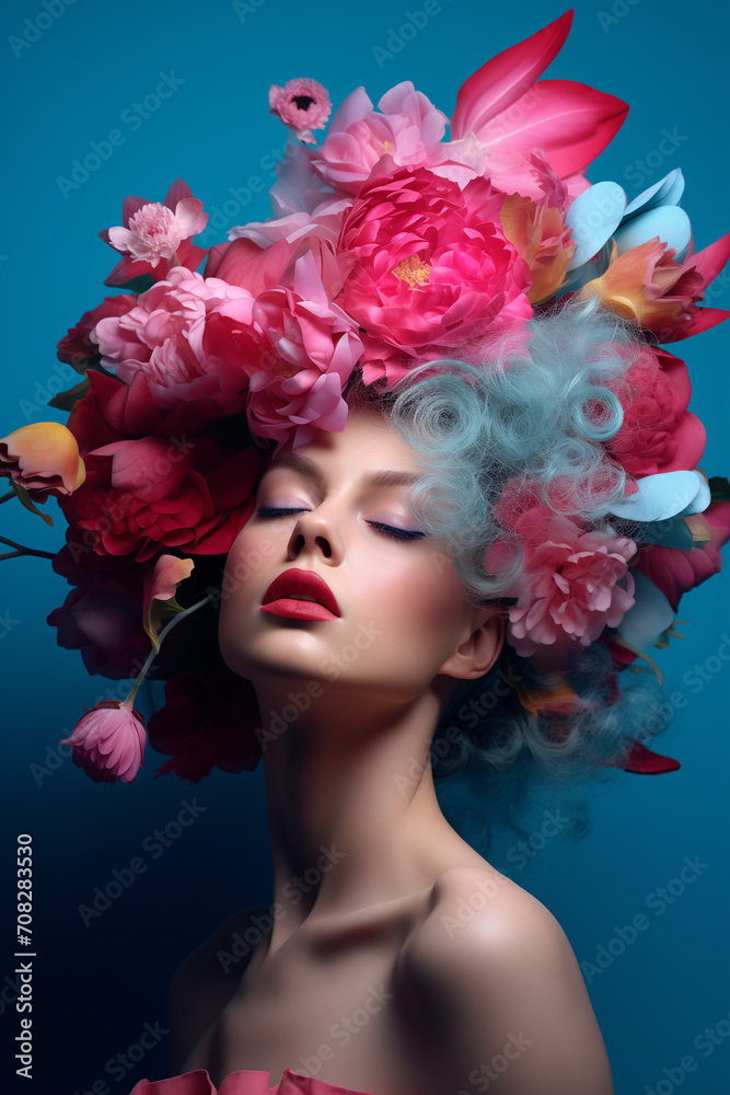 portrait of a woman with flowers on her head.Minimal creative fashion and nature concept.Generative AI