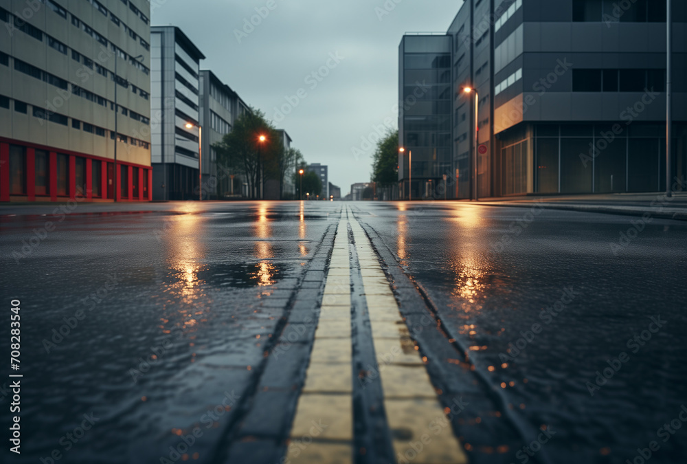 Fototapeta premium Wet rainy street in the city.Minimal trafic concept.Flat lay,top view,copy space.Generative Ai