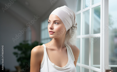 A young woman dressed in white with cancer appears relaxed looking to the side, with the background of her apartment illuminated with white light.