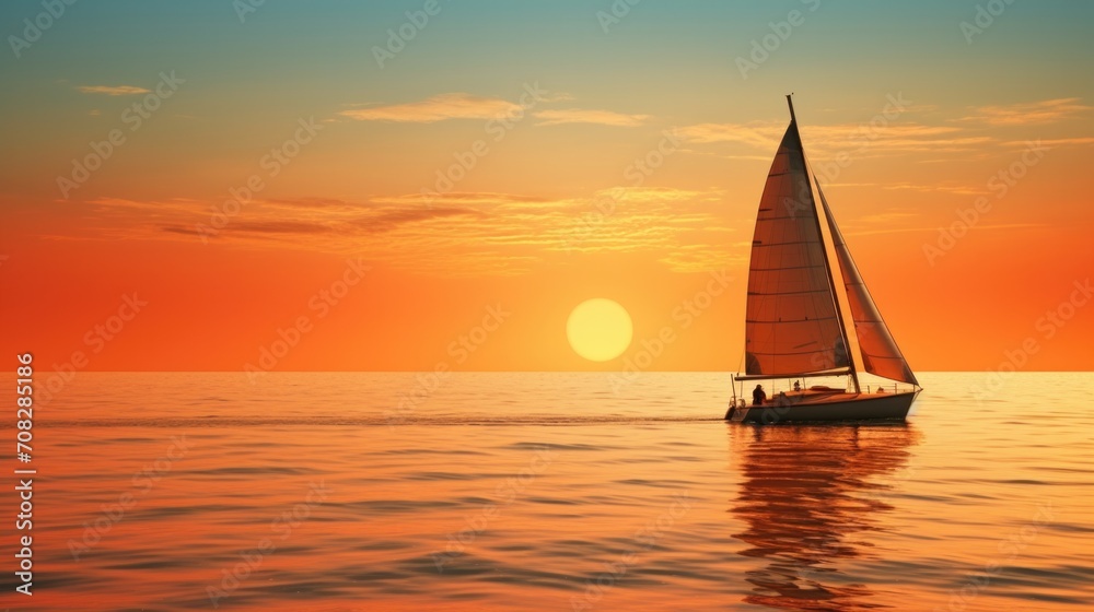A sailboat glides through the ocean at sunset, casting a warm glow on the water. Generative AI.