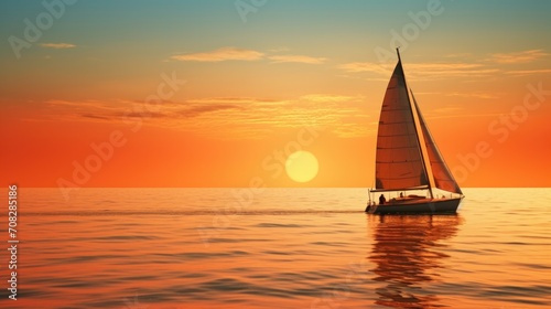 A sailboat glides through the ocean at sunset, casting a warm glow on the water. Generative AI.