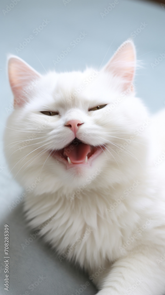 A cute white cat with a big smile and laughter. Generative AI.