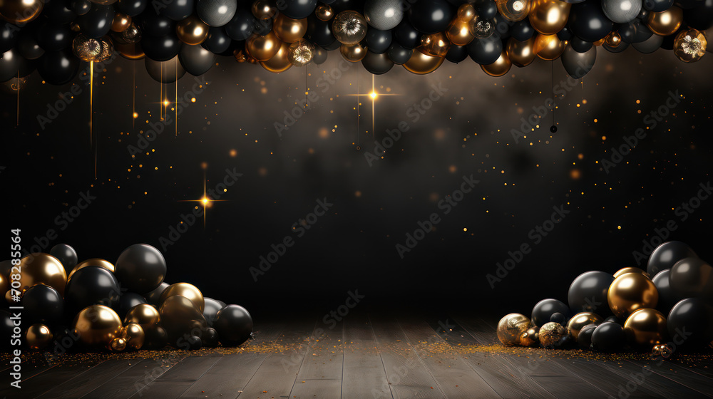 Fototapeta premium Luxurious backdrop room with balloons, arrangements and decor. Photo-wall decoration for celebrate, wedding, birthday, holiday party. Beautiful decorative celebration concept. Generative AI