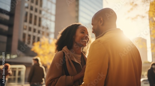 Young African American couple smiling and in love, enjoying the city together. Generative AI. photo