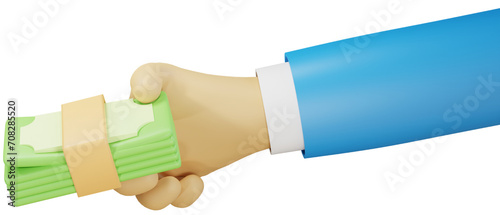 Businessman hand holding dollar banknotes stack. Financial, banking, investment and money payment concept. 3D PNG cartoon character.