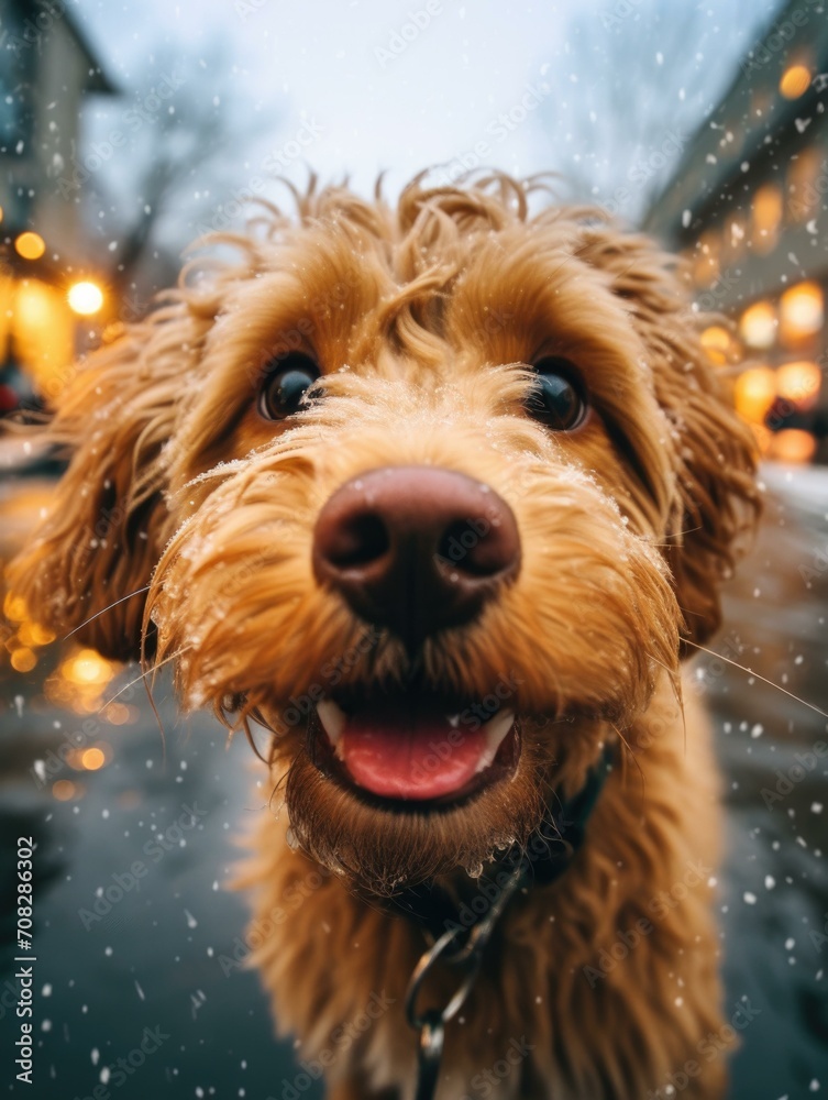 A happy dog enjoying the rain with a smile. Generative AI.
