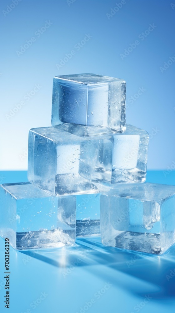 A refreshing and serene image of ice cubes on a blue background. Generative AI. A refreshing and serene image of ice cubes on a blue background. Generative AI.