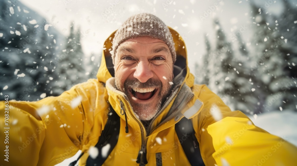 Fototapeta premium A joyful man captures a snowy selfie in his vibrant yellow jacket. Generative AI.