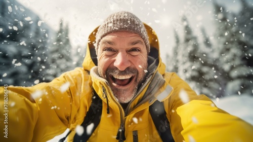 A joyful man captures a snowy selfie in his vibrant yellow jacket. Generative AI.