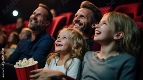 A family captivated by a movie, enjoying snacks together at the cinema. Generative AI.