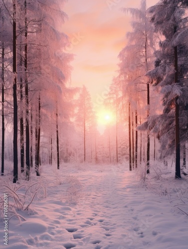 Winter forest with snow covered trees and sun setting. Generative AI. © Natalia