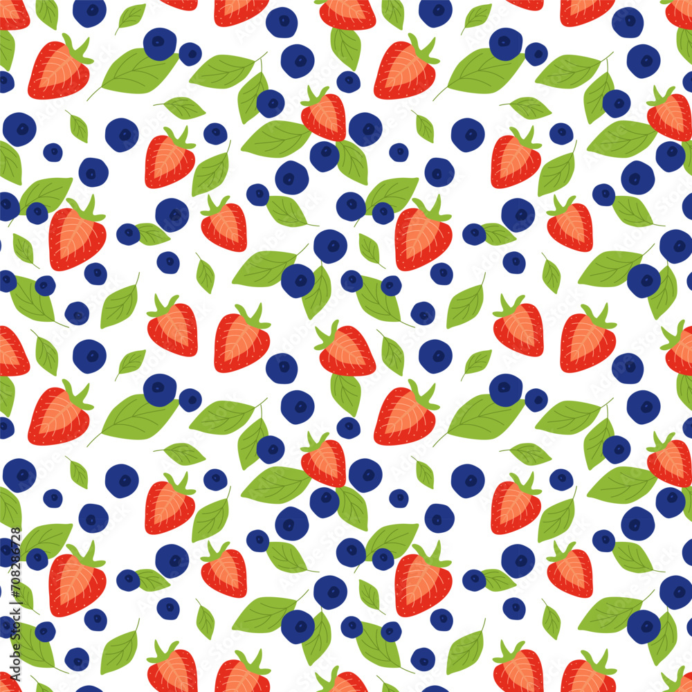 Bright berry pattern of strawberry and blueberry with mint leaves, fruit pattern. Seamless pattern of summer spring forest berries, fruit mix, red and blue, vector flat illustration. Bright berry pattern of strawberry and blueberry with mint leaves, fruit pattern. Seamless pattern of summer spring forest berries, fruit mix, red and blue, vector flat illustration.