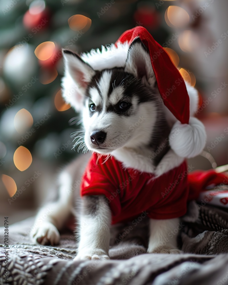 Cute siberian husky puppy in red santa claus clothes.