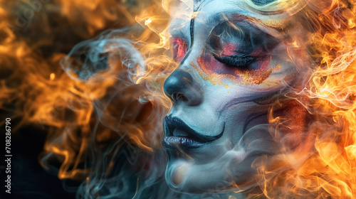 Woman's face with fiery artistic makeup.