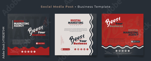 Social media post template in red black white and waving background for advertising design