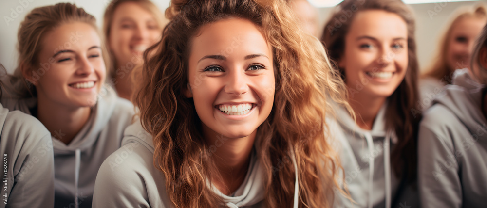 Sporty woman and athlete happy and smiling. Group of women dressed in light gray sweatshirts. Athletes training, healthy lifestyle and sports concepts.