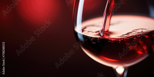 Pouring red wine into glass on dark background photo