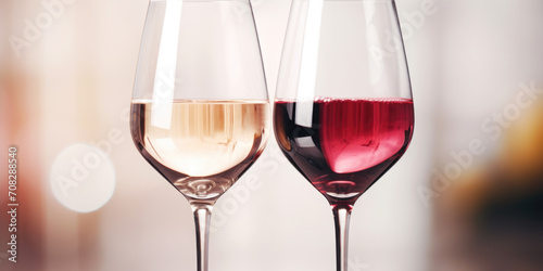 Two glasses of white and red wine on blurry background