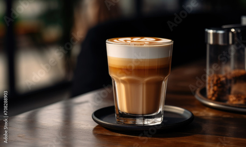 Chic Cafe Latte with Delicate Foam Art on Dark Wooden Table