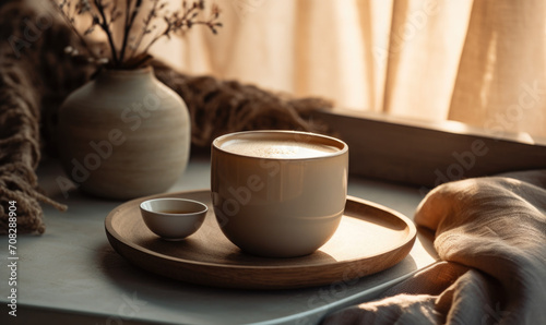 Serene Morning Chai Latte in Sunlit Room with Ceramic Decor