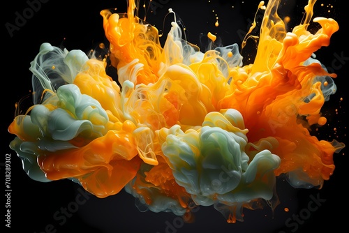 Vibrant tangerine and electric green liquids colliding with explosive force, forming a captivating and intense abstract display, perfectly documented by an HD camerar