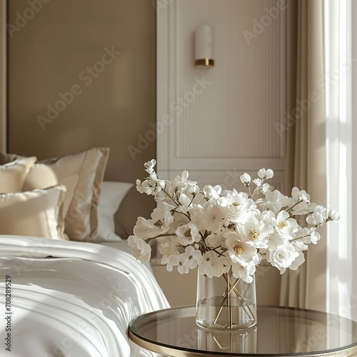 Vase of flowers in neutral beige tone hotel bedroom interior