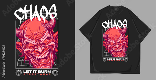 Red devil. Urban t-shirt design. Demon streetwear vector illustration for t-shirt and poster. Ghost apparel and clothing design