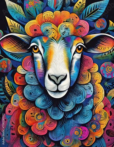 sheep bright colorful and vibrant poster illustration