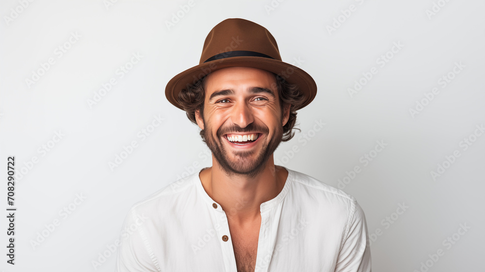 White man, around 35 years old, wearing a dark cherry felt hat with big smile on white background White man, around 35 years old, wearing a dark cherry felt hat with big smile on white background