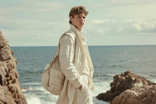 Portrait of a handsome young man in a white suit with a handbag. in the desert and beach. Men's beauty, fashion. earthy coastal landscape, cinematic. Fashion magazine photo shoots