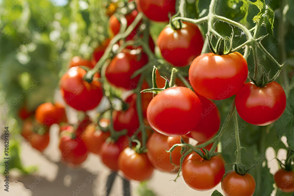 Ripe tomatoes arranged on a vine with rich red color and glossy texture