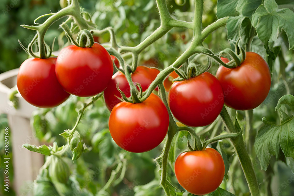 Ripe tomatoes arranged on a vine with rich red color and glossy texture