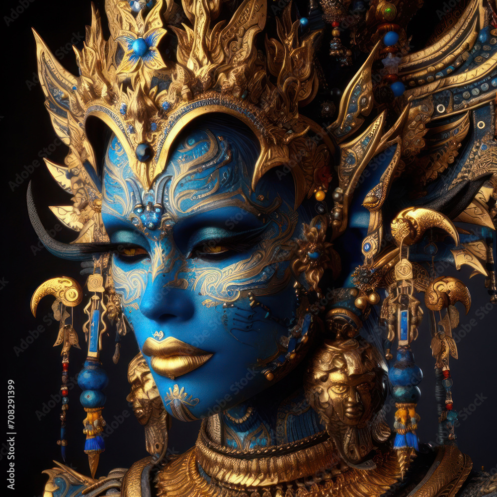 fantasy blue skinned alien woman with facial markings and gold headress and ornaments