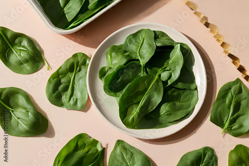 Fresh spinach leaves arranged on a plate with deep green color and delicate texture