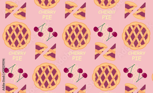 Vector seamless pattern with pies and cherries, delicious round dessert.
Top view of the pie. 