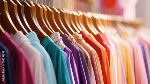 Closeup of a rack of colorful dresses, ready to be worn on the runway. photo