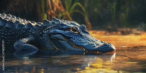 an alligator resting in some water, generative AI photo