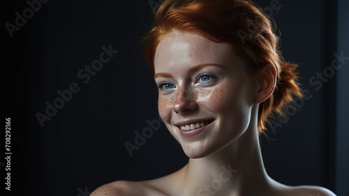 a young woman with a short red hair and blue eyes with freckles, beauty concept