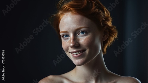 a young woman with a short red hair and blue eyes with freckles, beauty concept