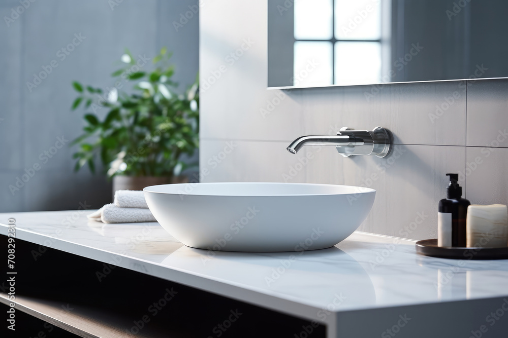 Fototapeta premium A luxury bathroom vanity in the bathroom with a beautiful white round ceramic sink for a washbasin on a marble countertop, an ornamental plant and toiletries. 