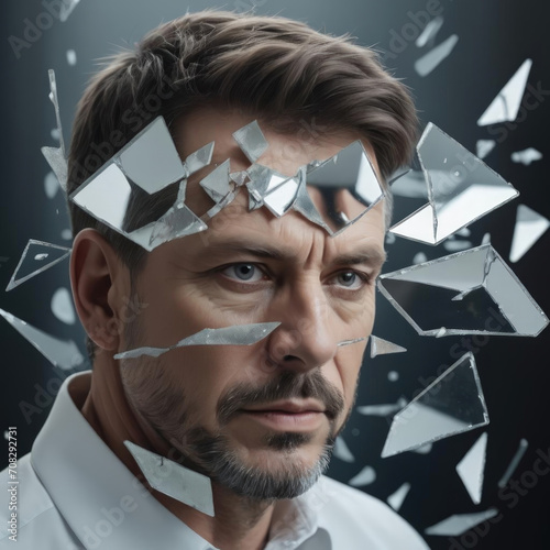 Shattered Reality - Close-up portrait of a man under the influence with mirror fragments and augmented reality distortions Gen AI photo
