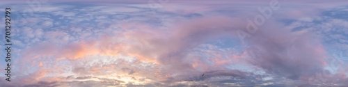 Fototapeta Naklejka Na Ścianę i Meble -  Sunset sky panorama with bright glowing pink Cirrus clouds. HDR 360 seamless spherical panorama. Full zenith or sky dome in 3D, sky replacement for aerial drone panoramas. Climate and weather change.