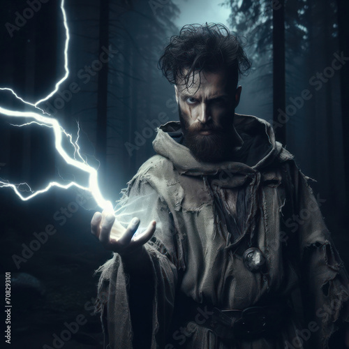 angry male wizard casting a lightning spell in the middle of battle