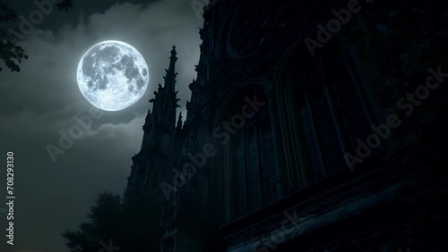 As the moon climbs higher in the sky, its light reveals intricate carvings and grotesque gargoyles adorning the cathedrals faÃ§ade, a testament to the macabre beauty of gothic Fantasy animatio photo