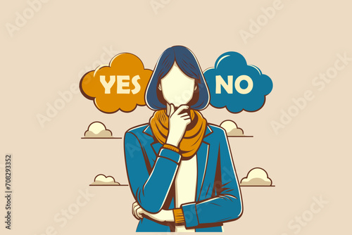 Business decision making, choose yes or no alternative or choices, leadership to direct business to succeed concept, rational businesswomen thinking and make decision for business or career question
