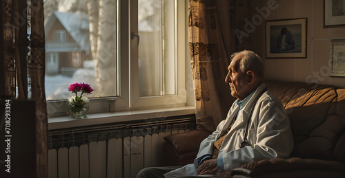 Senior Adult Doctor wait for consult  patient and sitting near the window and copyspace autumn light background Generative AI photo