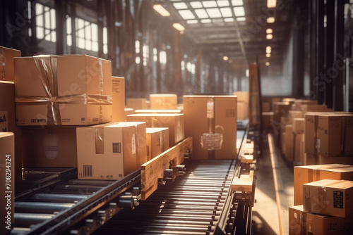 Cardboard boxes of different sizes on a conveyor belt in a shipping company, shipping business concept photo