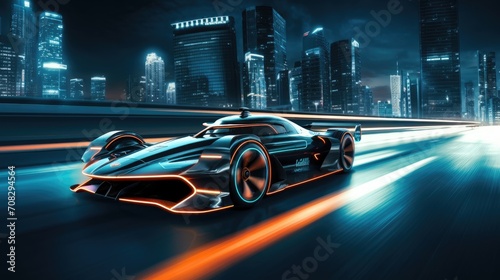 An electric Racing Car driving through a futuristic city at night created with Generative AI Technology