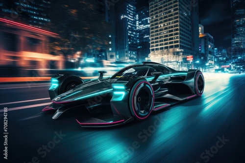 An electric Racing Car driving through a futuristic city at night created with Generative AI Technology photo